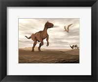 Velociraptor dinosaur in desert landscape with two pteranodon birds Fine Art Print
