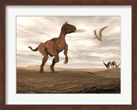 Velociraptor dinosaur in desert landscape with two pteranodon birds Fine Art Print