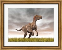 Velociraptor dinosaur standing in the yellow grass Fine Art Print