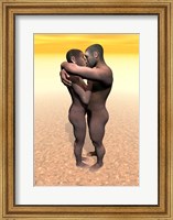 Male and female Homo erectus hugging in the desert Fine Art Print