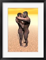 Male and female Homo erectus hugging in the desert Fine Art Print