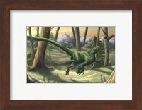 A bright green Velociraptor runs through a prehistoric forest Fine Art Print