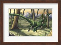 A bright green Velociraptor runs through a prehistoric forest Fine Art Print