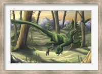 A bright green Velociraptor runs through a prehistoric forest Fine Art Print