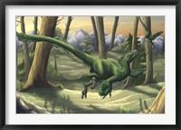 A bright green Velociraptor runs through a prehistoric forest Fine Art Print