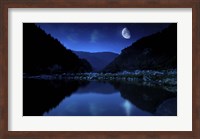 Moon rising over tranquil lake and forest against starry sky, Bulgaria Fine Art Print
