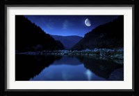 Moon rising over tranquil lake and forest against starry sky, Bulgaria Fine Art Print