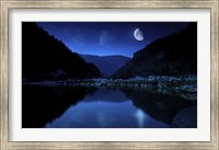 Moon rising over tranquil lake and forest against starry sky, Bulgaria Fine Art Print