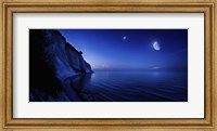 Moon rising over tranquil sea and Mons Klint cliffs, Denmark Fine Art Print