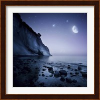 Rising moon over ocean and mountains against starry sky Fine Art Print