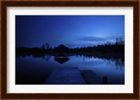 A small pier in a lake against starry sky, Moscow region, Russia Fine Art Print