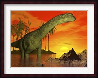 Large Argentinosaurus dinosaur in water at sunset Fine Art Print