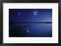 Starry sky, moon and falling meteorite over a lake, Finland Fine Art Print