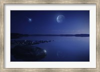 Starry sky, moon and falling meteorite over a lake, Finland Fine Art Print