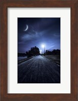 A road in a park at night against moon and moody sky, Moscow, Russia Fine Art Print