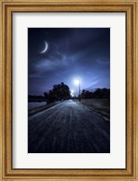 A road in a park at night against moon and moody sky, Moscow, Russia Fine Art Print