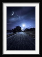 A road in a park at night against moon and moody sky, Moscow, Russia Fine Art Print