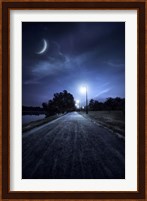 A road in a park at night against moon and moody sky, Moscow, Russia Fine Art Print