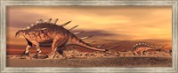 Kentrosaurus mother and baby walking in the desert by sunset Fine Art Print