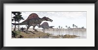 Two Spinosaurus dinosaurs walking to the water in a desert landscape Fine Art Print