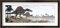 Two Spinosaurus dinosaurs walking to the water in a desert landscape Fine Art Print
