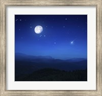 Mountain range on a misty night with moon, starry sky and falling meteorite Fine Art Print