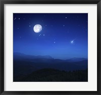 Mountain range on a misty night with moon, starry sky and falling meteorite Fine Art Print