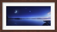 Tranquil lake against starry sky, moon and falling meteorite, Finland Fine Art Print