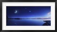 Tranquil lake against starry sky, moon and falling meteorite, Finland Fine Art Print