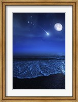 Tranquil ocean at night against starry sky, moon and falling meteorite Fine Art Print