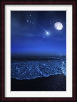 Tranquil ocean at night against starry sky, moon and falling meteorite Fine Art Print