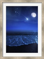 Tranquil ocean at night against starry sky, moon and falling meteorite Fine Art Print