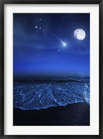 Tranquil ocean at night against starry sky, moon and falling meteorite Framed Print