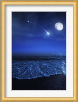 Tranquil ocean at night against starry sky, moon and falling meteorite Fine Art Print