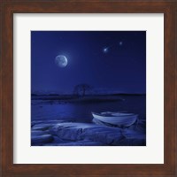 A boat moored near an icy stone in a lake against starry sky, Finland Fine Art Print