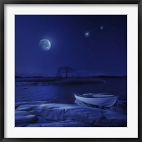 A boat moored near an icy stone in a lake against starry sky, Finland Fine Art Print