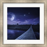 A bridge across the river at night against starry sky, Russia Fine Art Print