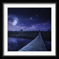 A bridge across the river at night against starry sky, Russia Fine Art Print