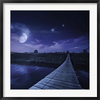 A bridge across the river at night against starry sky, Russia Fine Art Print