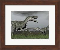A territorial dispute between two Monolophosaurus dinosaurs Fine Art Print