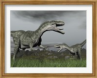 A territorial dispute between two Monolophosaurus dinosaurs Fine Art Print