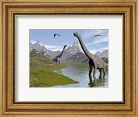 Brachiosaurus dinosaurs walking in a stream on a beautiful day Fine Art Print