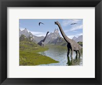 Brachiosaurus dinosaurs walking in a stream on a beautiful day Fine Art Print