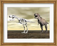 Comparison of Tyrannosaurus Rex standing next to its fossil skeleton Fine Art Print