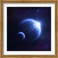 Earth and moon in outer space with rising sun and flying meteorites Fine Art Print