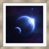 Earth and moon in outer space with rising sun and flying meteorites Fine Art Print