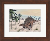Kentrosaurus dinosaurs walking in the desert among palm trees Fine Art Print