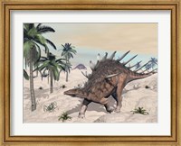 Kentrosaurus dinosaurs walking in the desert among palm trees Fine Art Print