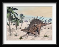 Kentrosaurus dinosaurs walking in the desert among palm trees Framed Print