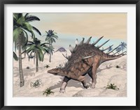 Kentrosaurus dinosaurs walking in the desert among palm trees Framed Print